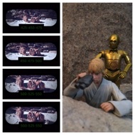 EXTERIOR: TATOOINE -- ROCK CANYON -- RIDGE -- DAY. Luke is on a rock ridge and scans the canyon with his electrobinoculars. He spots the two riderless Banthas. Threepio stands behind the young adventurer. LUKE: "There are two Banthas down there but I don't see any... wait a second, they're Sandpeople all right. I can see one of them now." #starwars #anhwt #starwarstoycrew #jbscrew #blackdeathcrew #starwarstoypix #starwarstoyfigs #toyshelf 